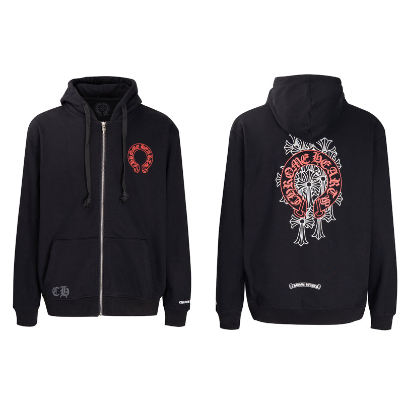 Chrome Hearts  Red Horseshoe Logo Zip Up Hoodie 5005