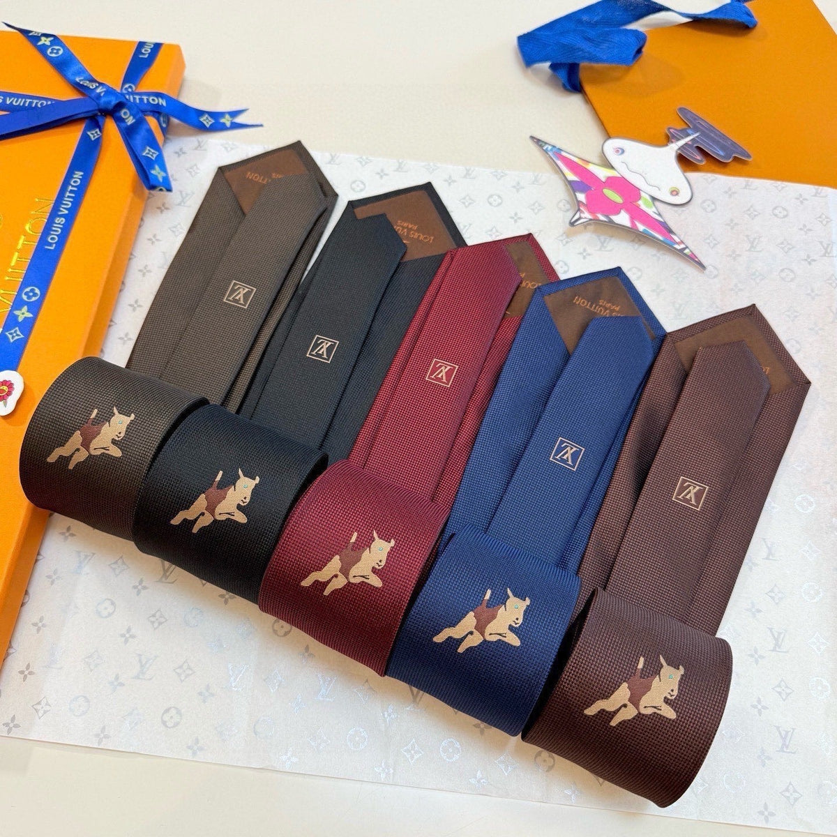 Louis Vuitton Style Men's Embroidered Logo Silk Tie