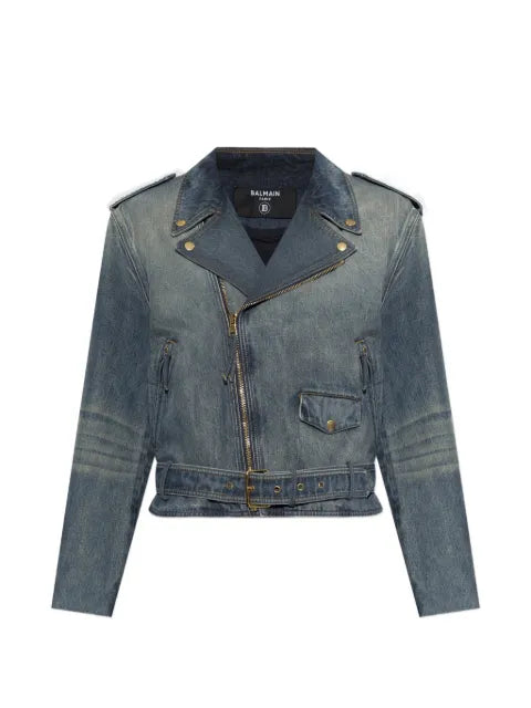 Balmain belted biker-style denim jacket