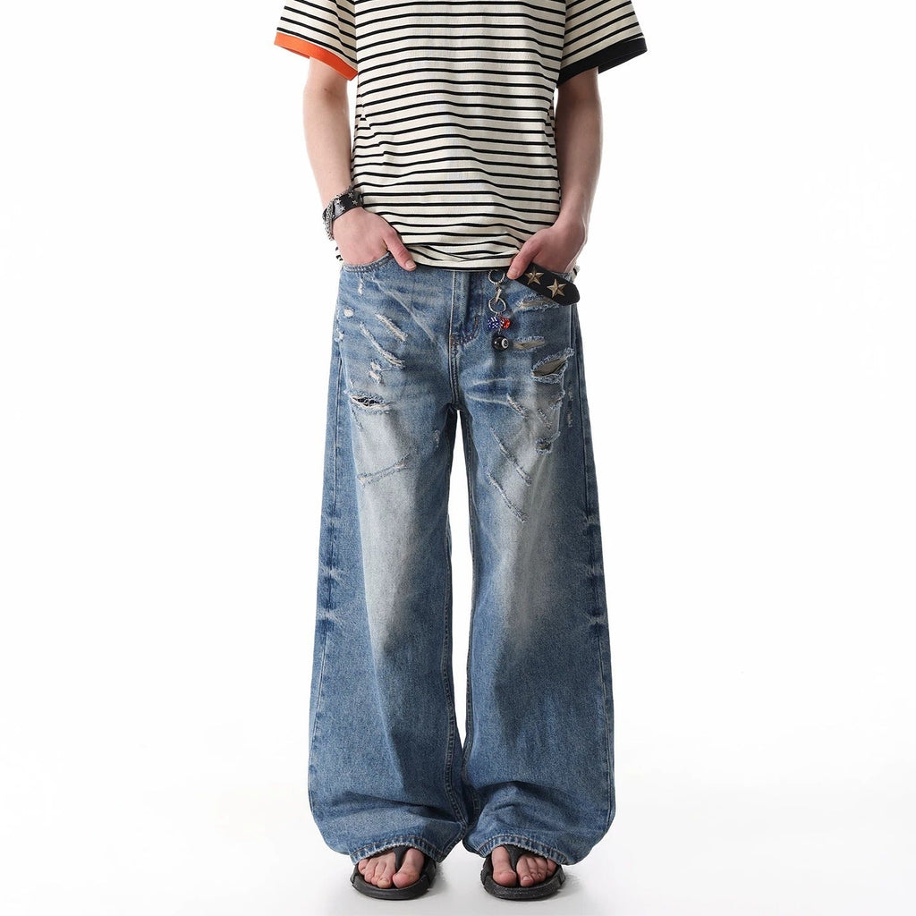 Y2K Vintage Big‑Pocket Curved Baggy Wide‑Leg Jeans Streetwear