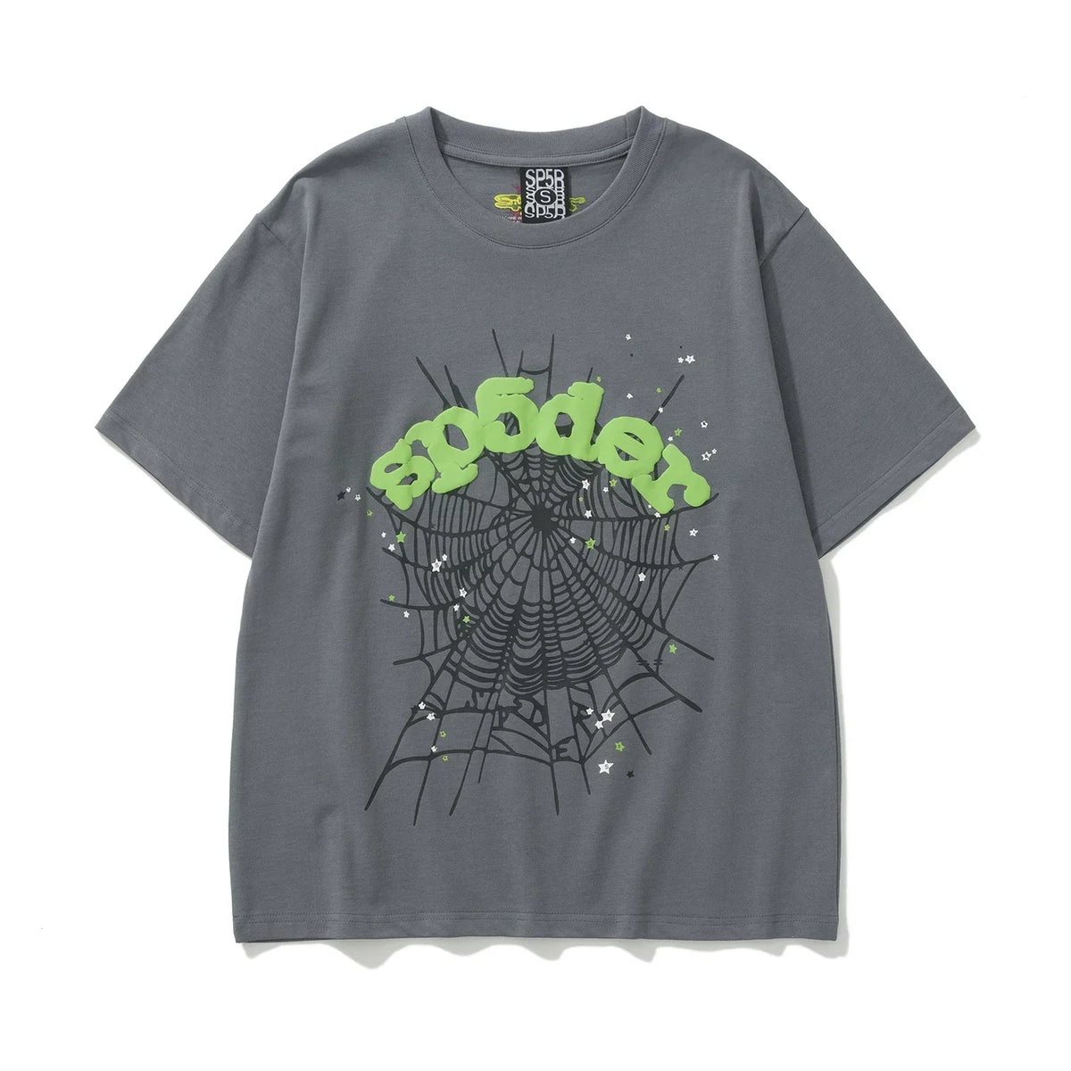 Sp5der Neon Green Logo & Spider Web Graphic Dark Grey Short Sleeve T-Shirt