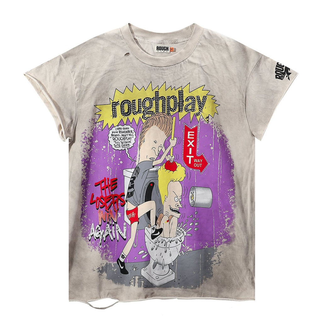 Rough Play Rhinestone Cartoon Graphic Distressed T-Shirt