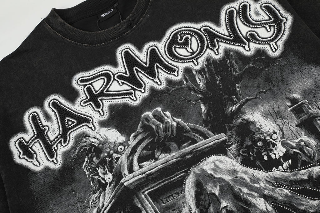 HARMONY Washed Black Rhinestone Graphic T-Shirt