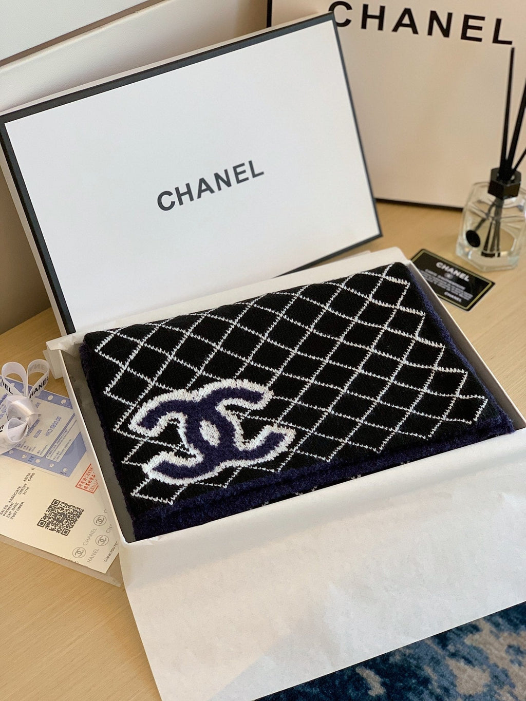 Chanel Style Reversible Plush Diamond Logo Scarf