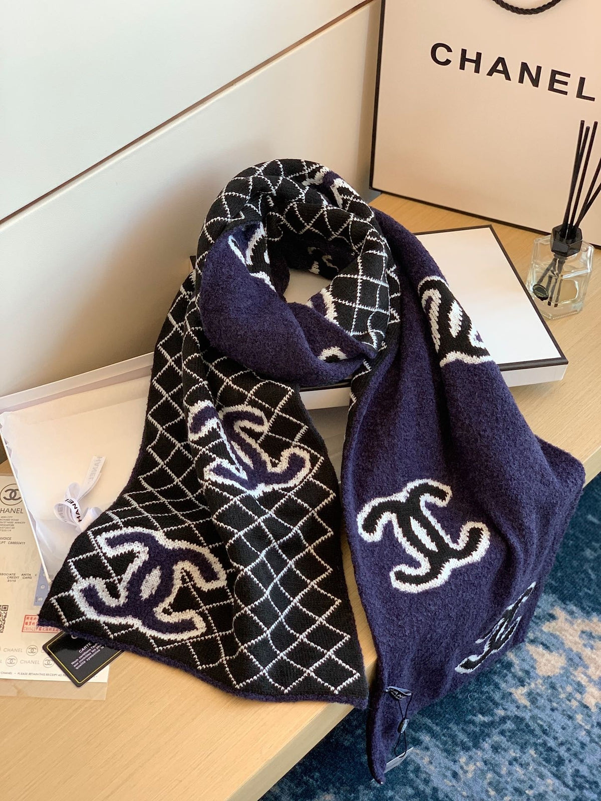Chanel Style Reversible Plush Diamond Logo Scarf
