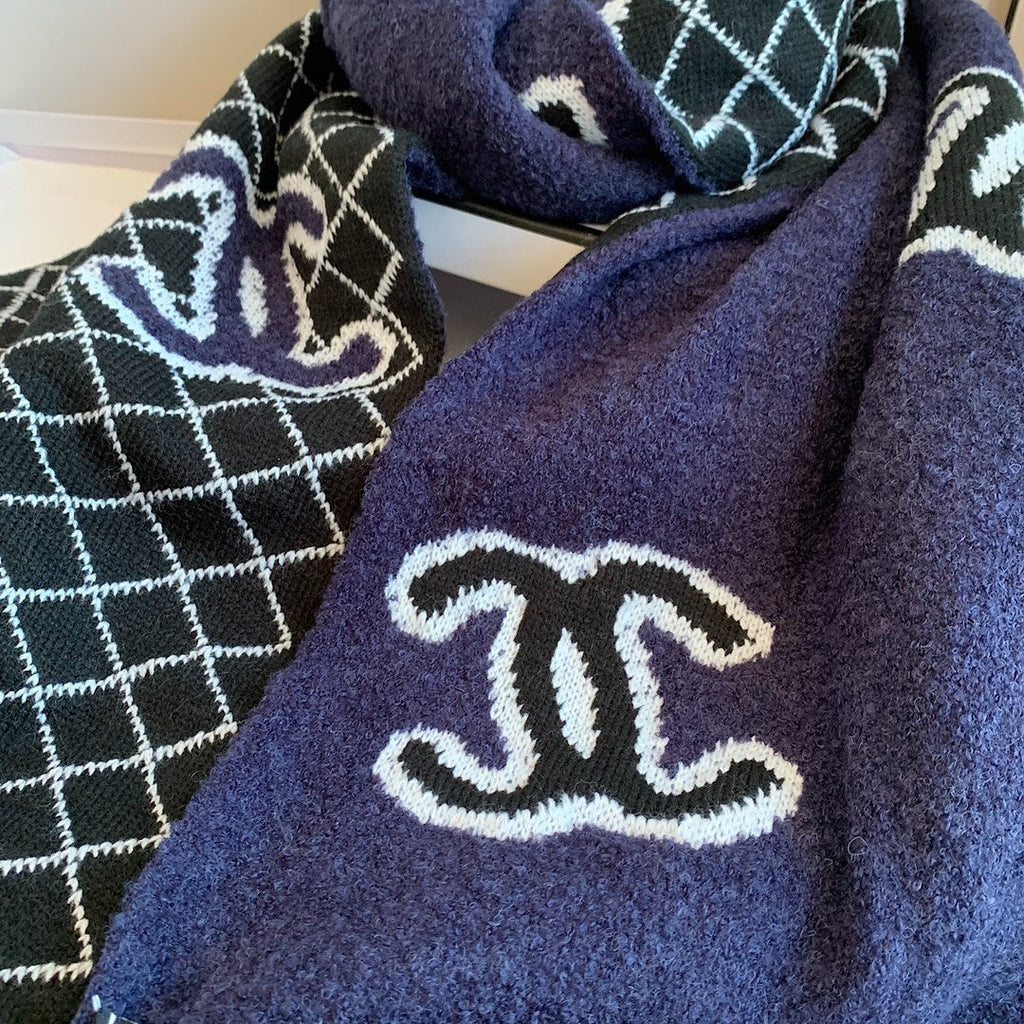 Chanel Style Reversible Plush Diamond Logo Scarf