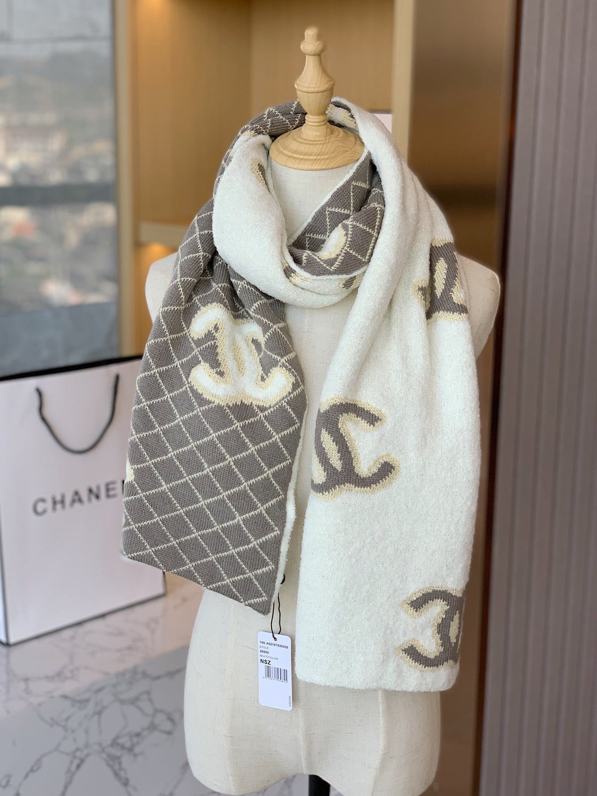 Chanel Style Reversible Plush Diamond Logo Scarf