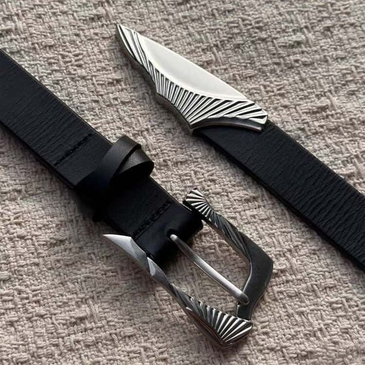 Sword Engraved Irregular Tip Full Grain Leather Belt Metal Pin Buckle
