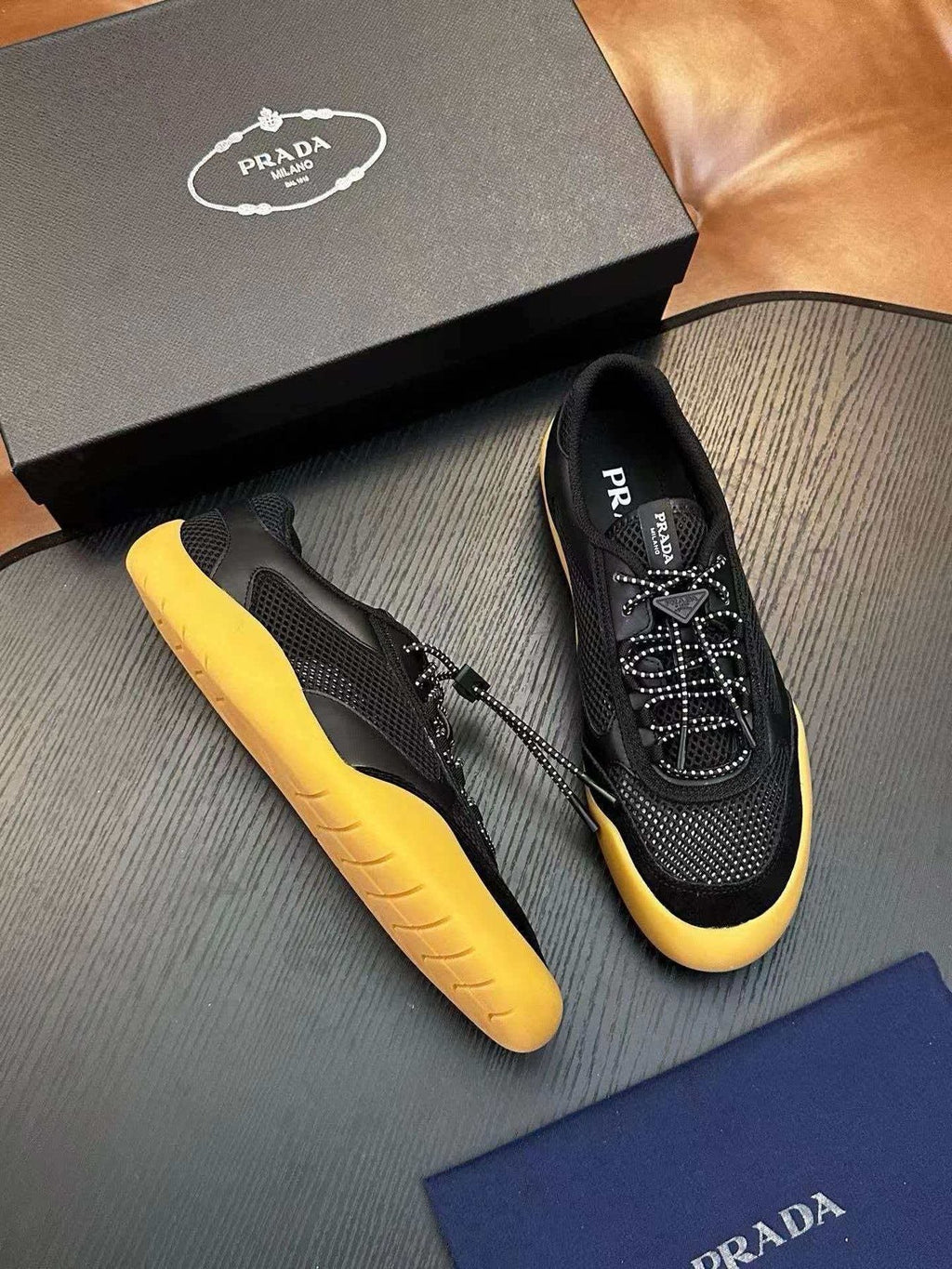 Prada Men's Black Yellow-Sole Sneakers