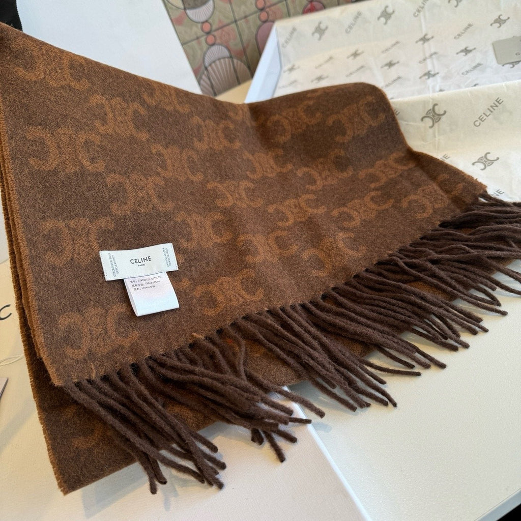 CELINE Brown Monogram Fringed Scarf