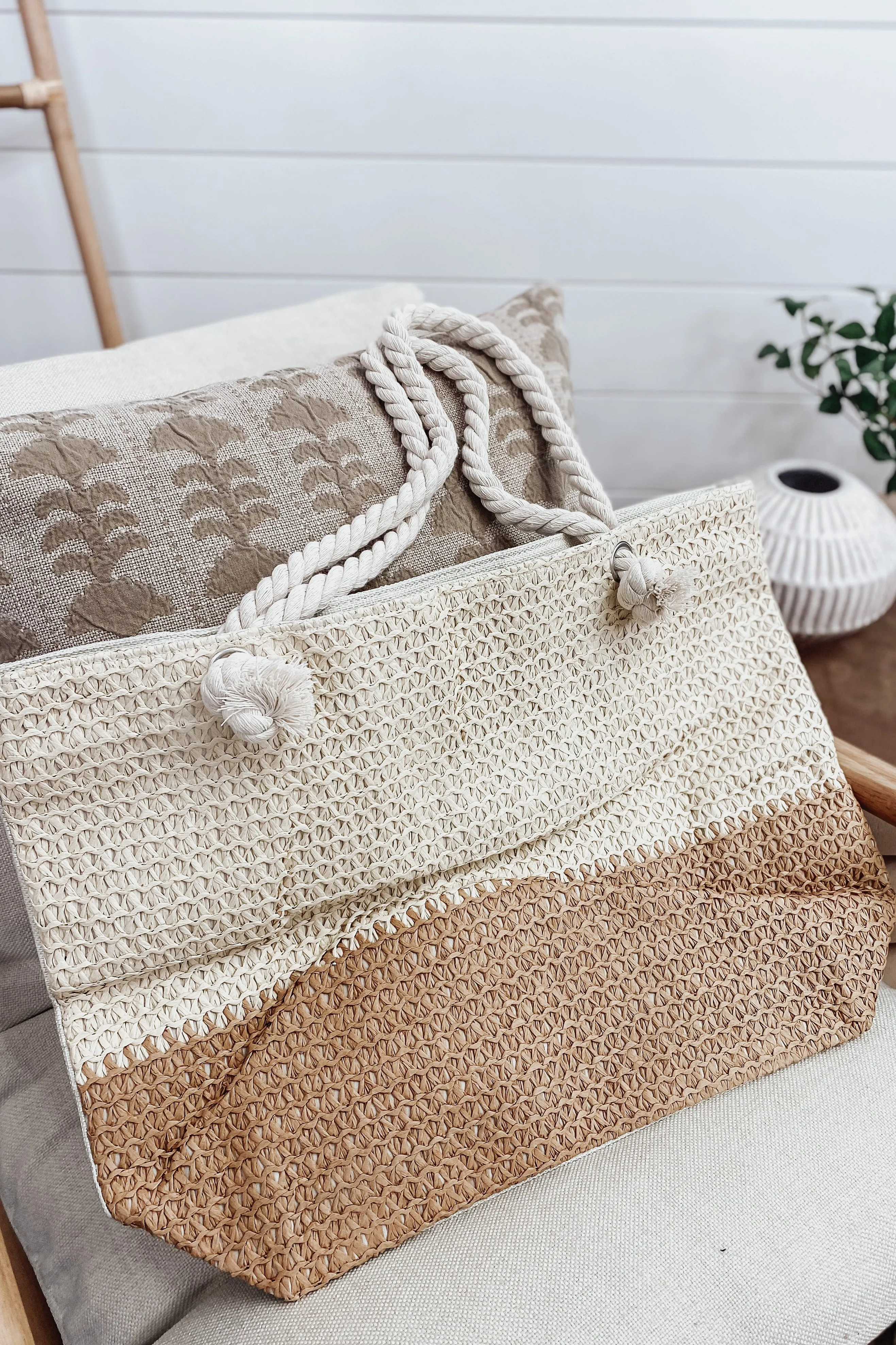 2 Tone Straw Beach Tote