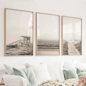 3 Piece Beige Coastal Wall Art. Waves, Beach Path, Lifeguard