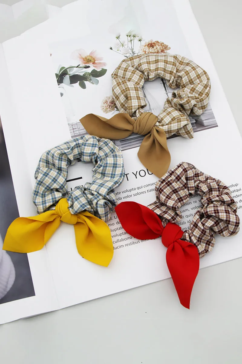 5PCS GINGHAM CLOTH BOW TIED SCRUNCHIE, 5PCS PER 1 PACK