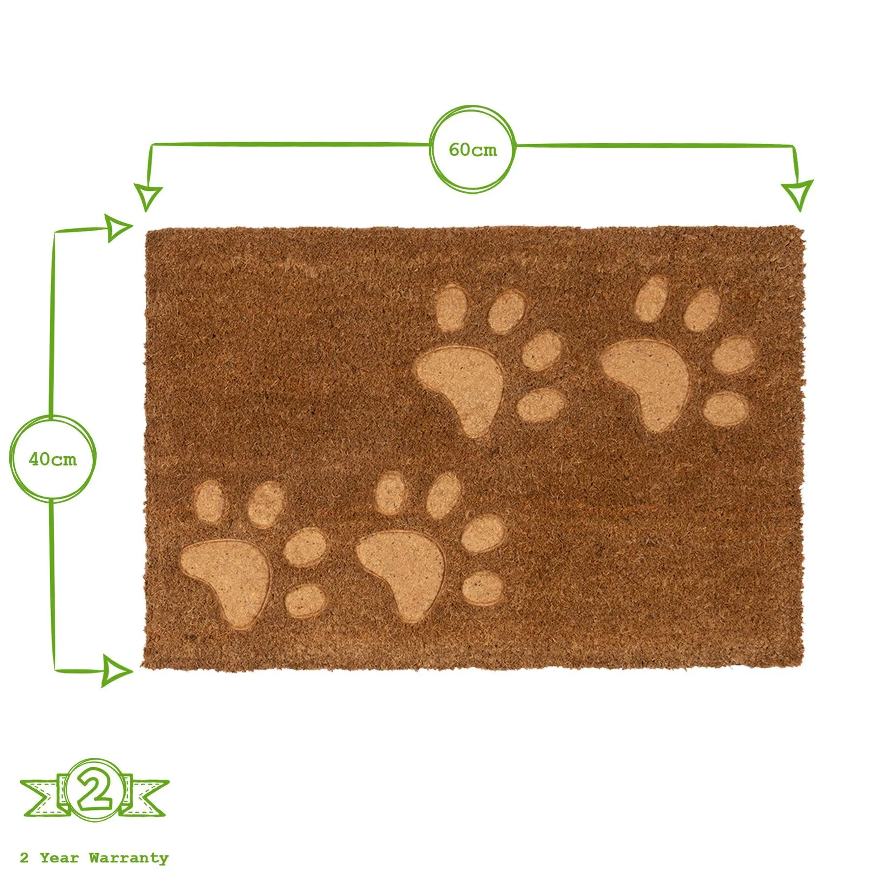 60cm x 40cm Brown Paw Embossed Coir Door Mat - By Nicola Spring