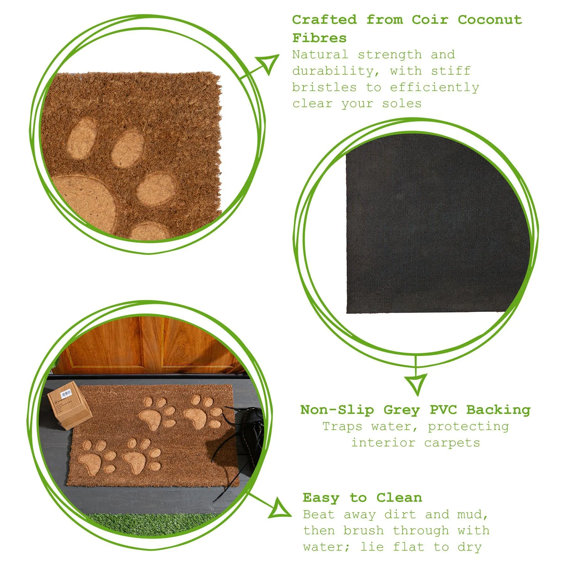 60cm x 40cm Brown Paw Embossed Coir Door Mat - By Nicola Spring