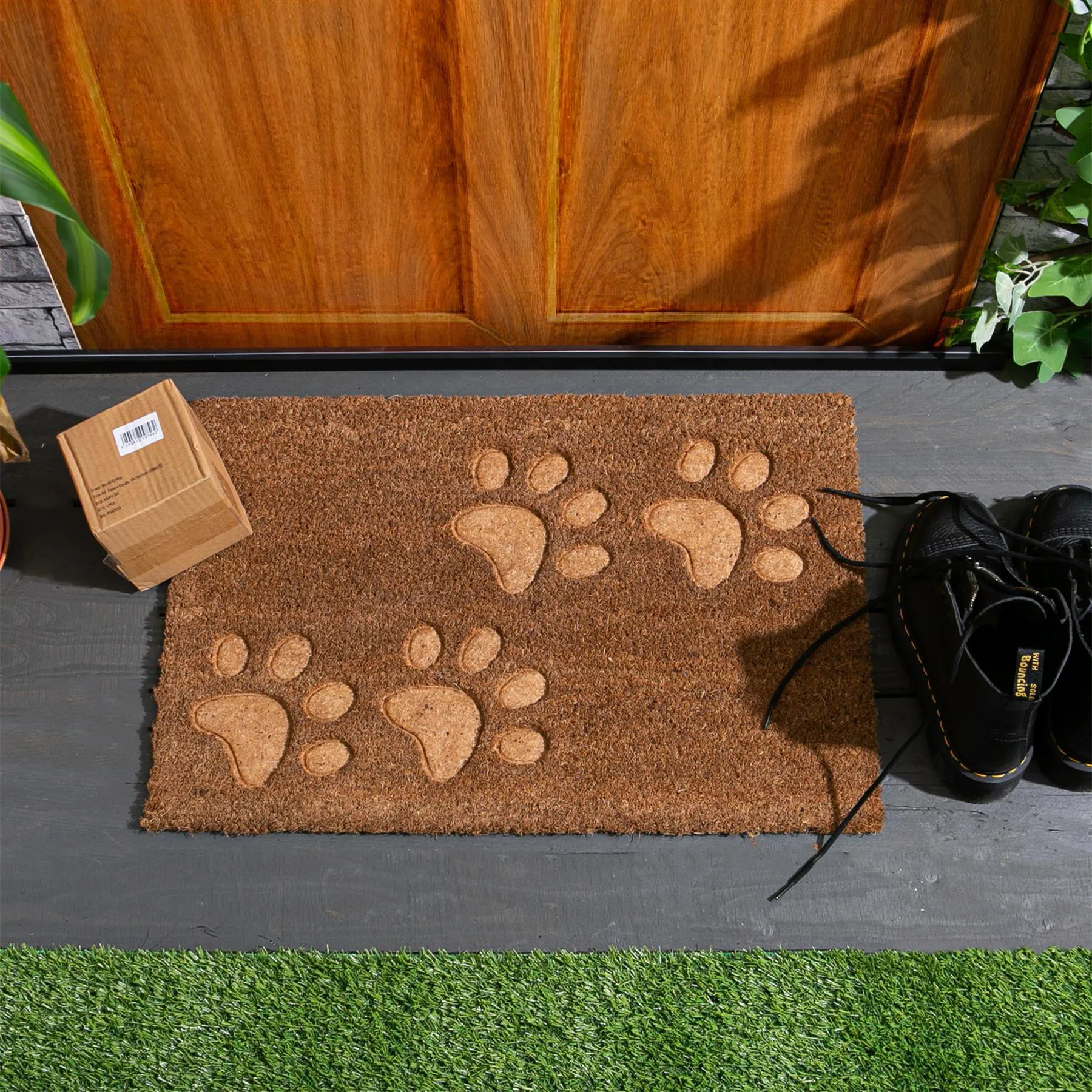 60cm x 40cm Brown Paw Embossed Coir Door Mat - By Nicola Spring