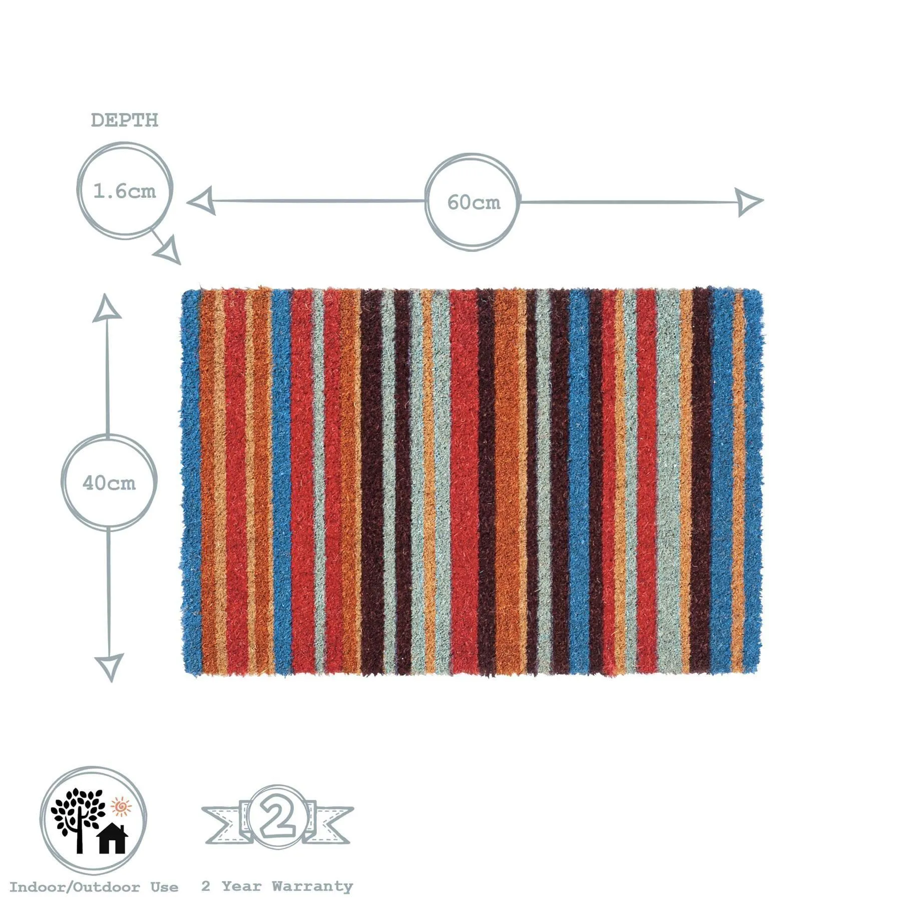 60cm x 40cm Multicoloured Pinstripe Coir Door Mat - By Nicola Spring