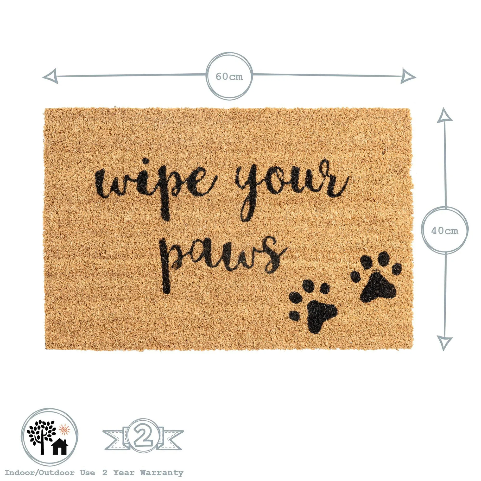 60cm x 40cm Wipe Your Paws Coir Door Mat - By Nicola Spring