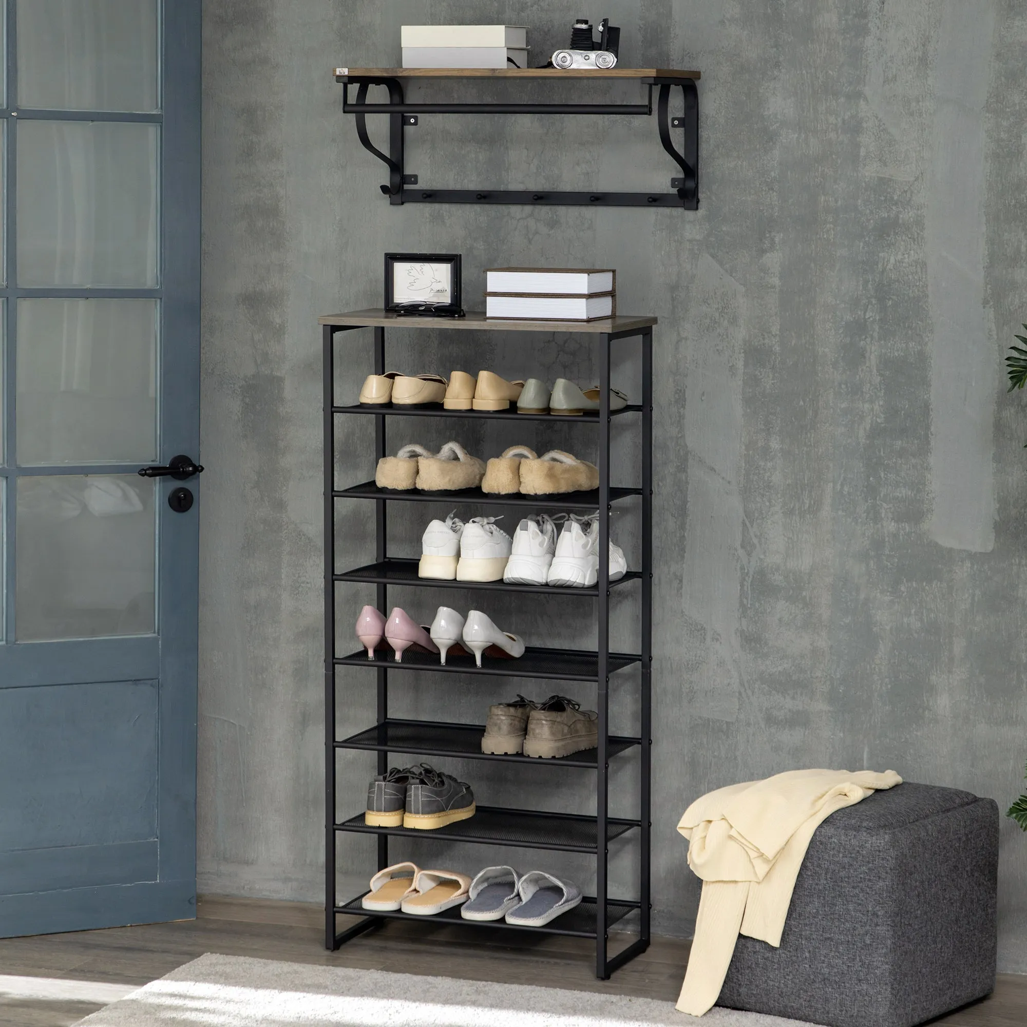 8-Tier Shoe Rack, Shoe Storage Organizer with Mesh Shelves Free Standing Shoe Shelf Stand for 21-24 Pairs of Shoes for Entryway Black and Grey