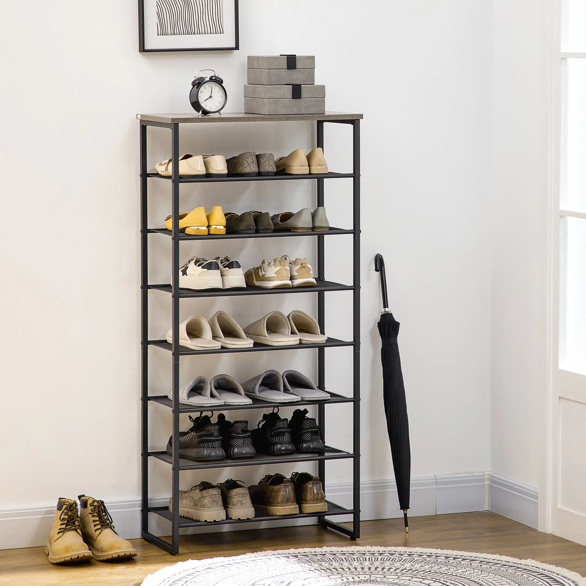 8-Tier Shoe Rack, Shoe Storage Organizer with Mesh Shelves Free Standing Shoe Shelf Stand for 21-24 Pairs of Shoes for Entryway Black and Grey