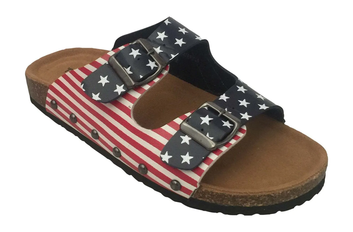 American Flag Stars Flat Slip on Cork Sandals Vegan Leather Red White Blue