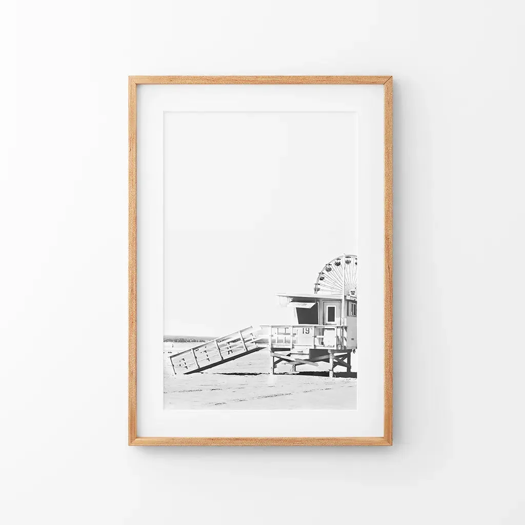 Black White California Poster. Ferris Wheel, Lifeguard Hut