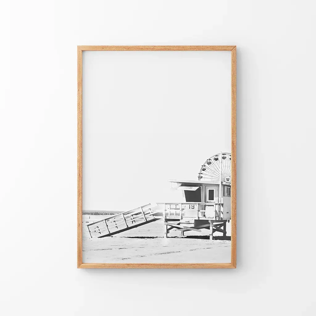 Black White California Poster. Ferris Wheel, Lifeguard Hut