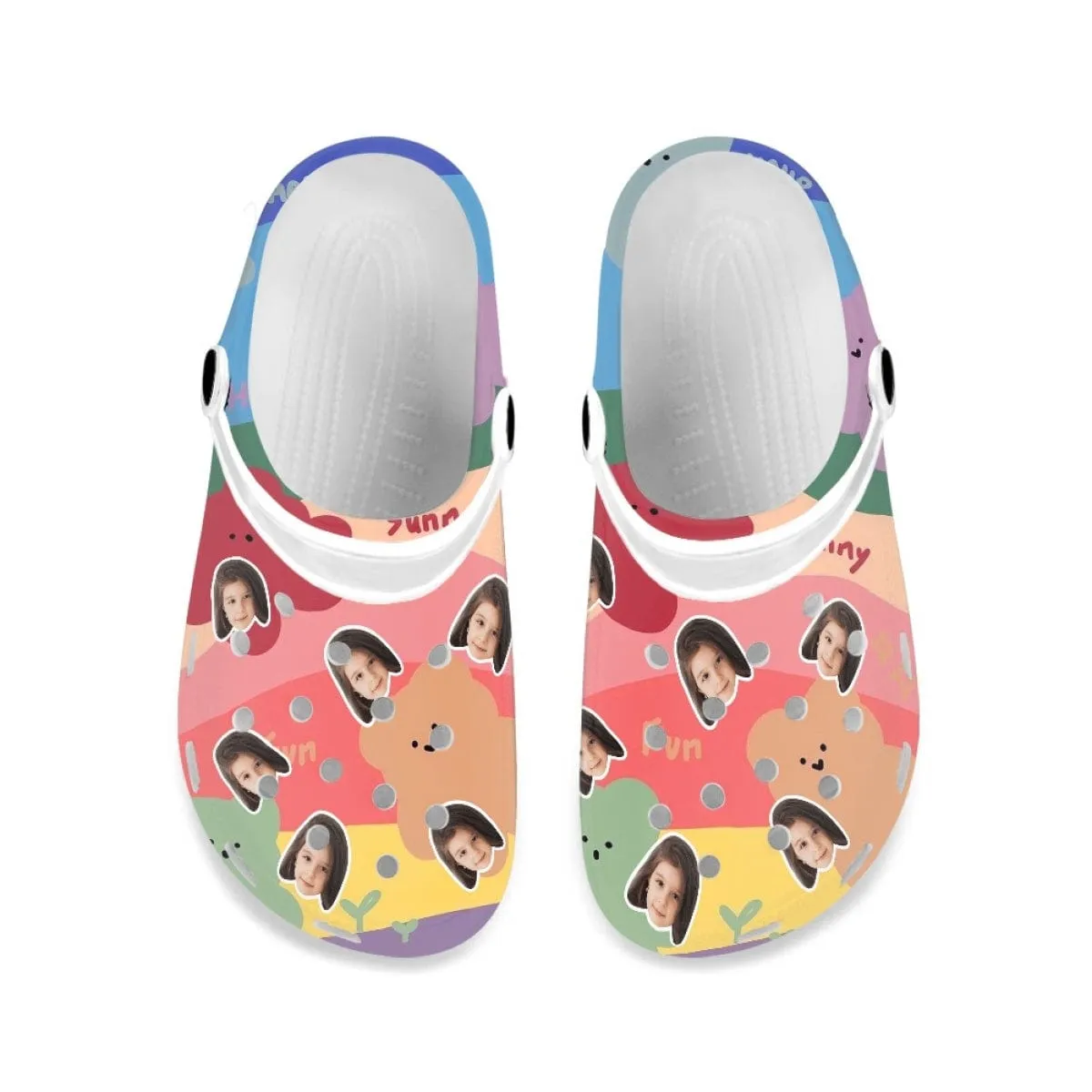 Custom Face Cute Bear Colorful Kid's Hole Shoes Personalized Photo Clog Shoes Child Funny Slippers