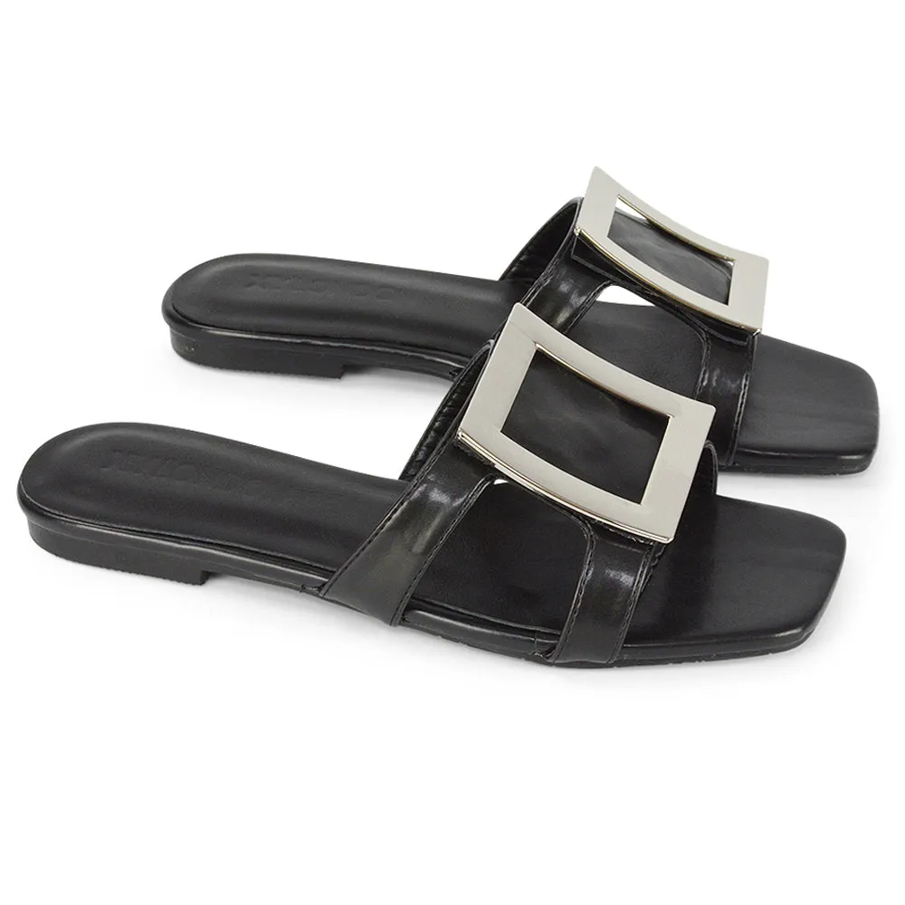 Dulce Cut Out Buckle Detail Strappy Square Toe Flat Slip on Sandal in Blue