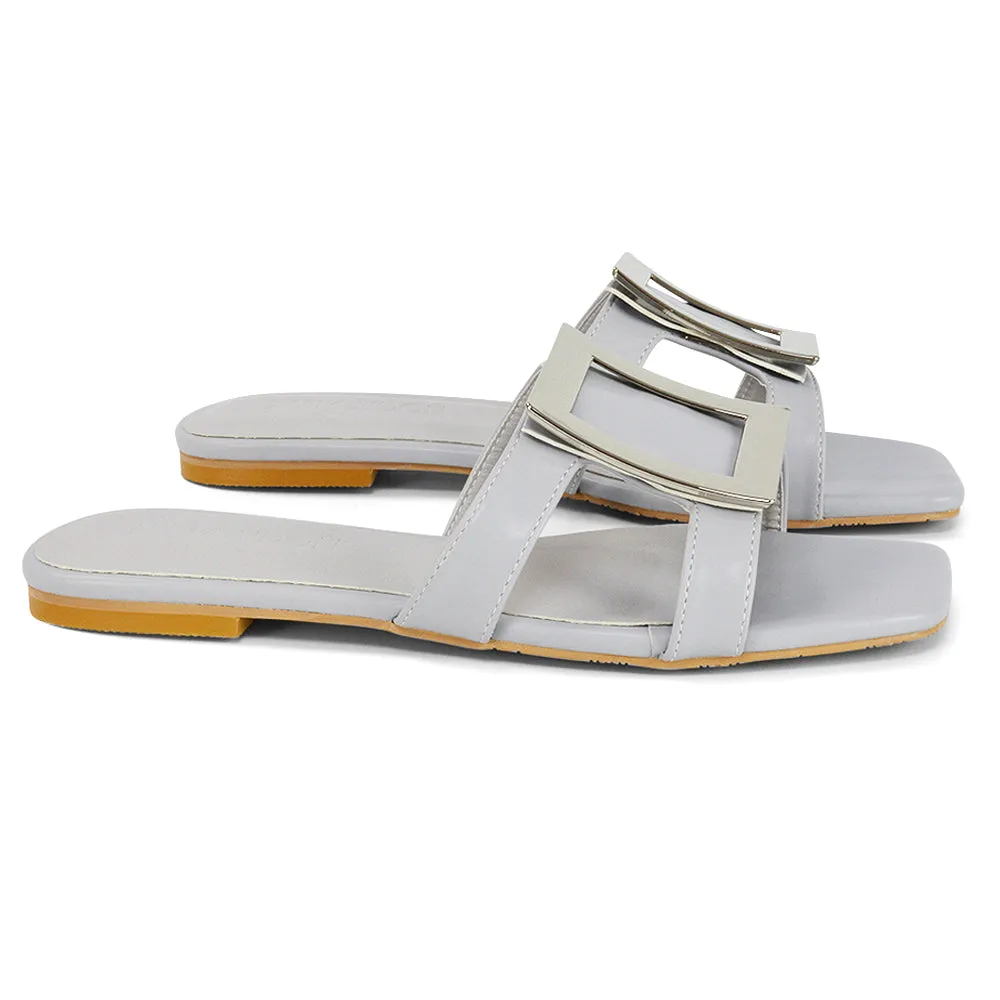 Dulce Cut Out Buckle Detail Strappy Square Toe Flat Slip on Sandal in Blue