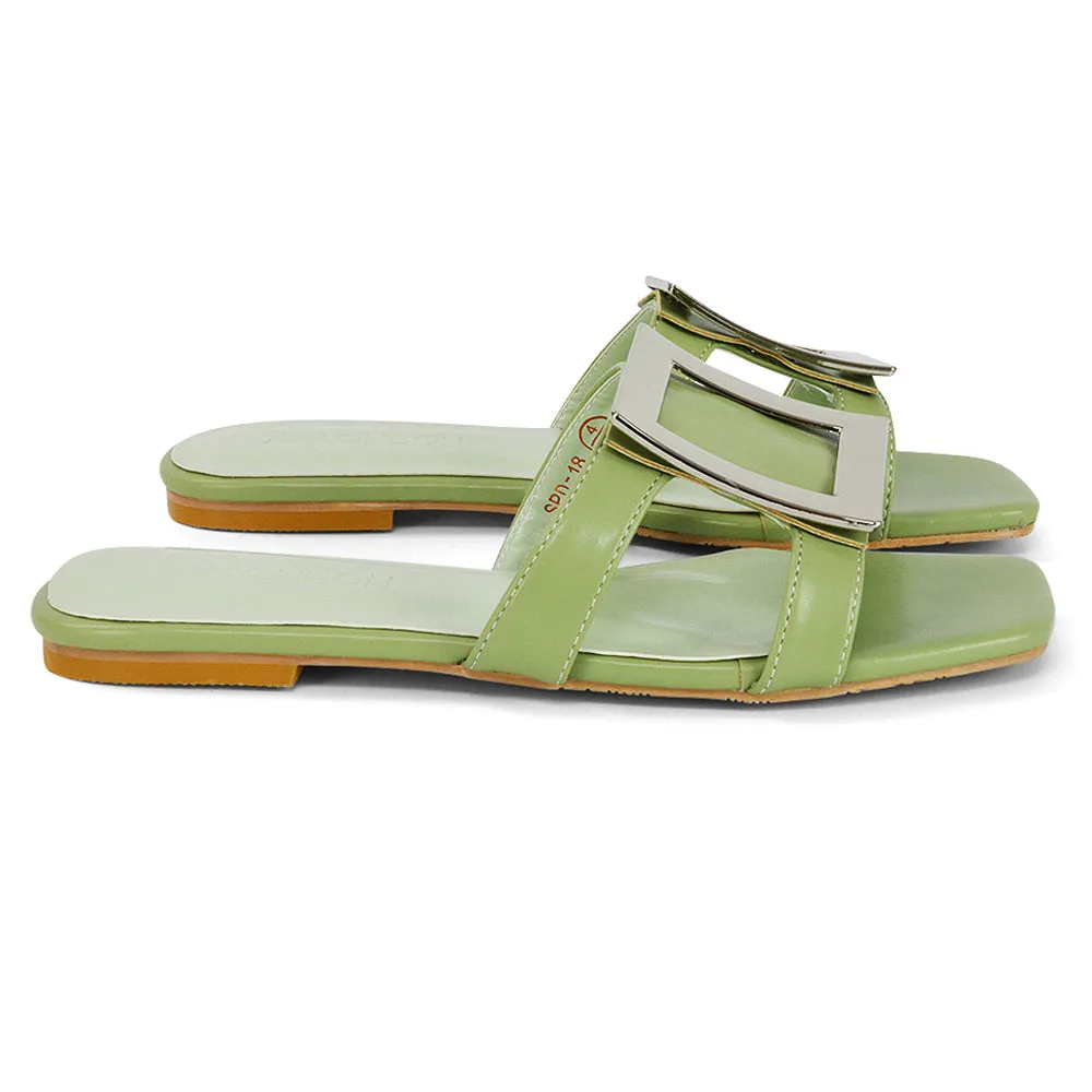 Dulce Cut Out Buckle Detail Strappy Square Toe Flat Slip on Sandal in Mint