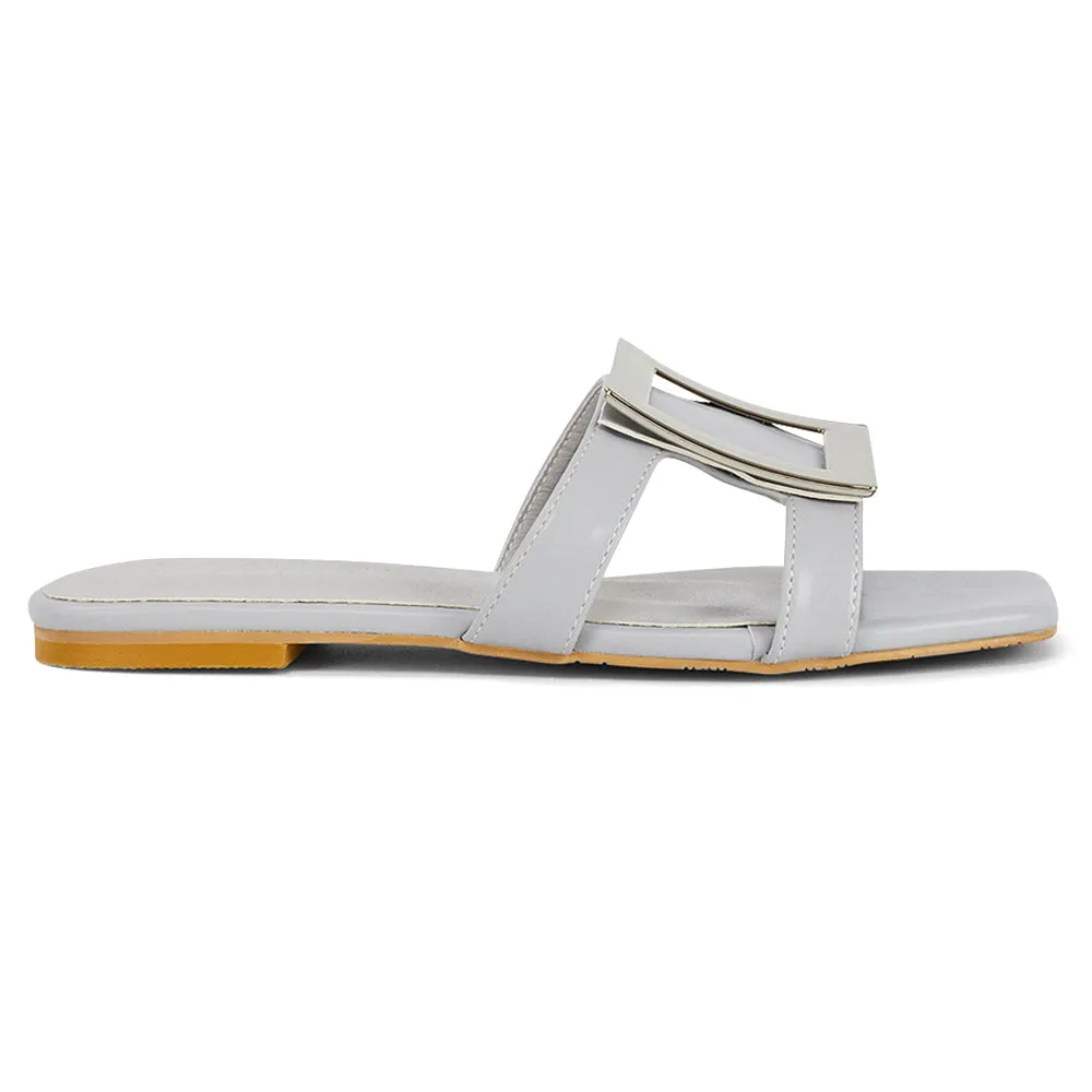 Dulce Cut Out Buckle Detail Strappy Square Toe Flat Slip on Sandal in White