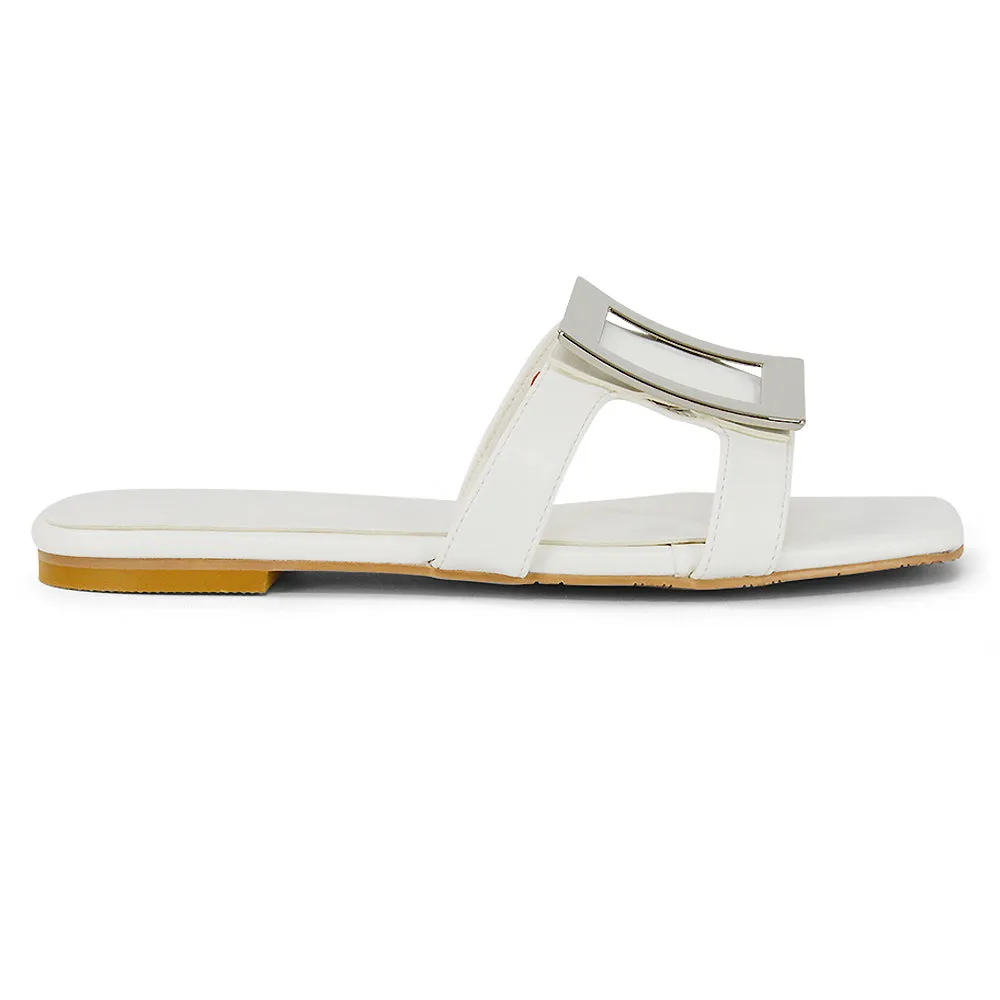 Dulce Cut Out Buckle Detail Strappy Square Toe Flat Slip on Sandal in White