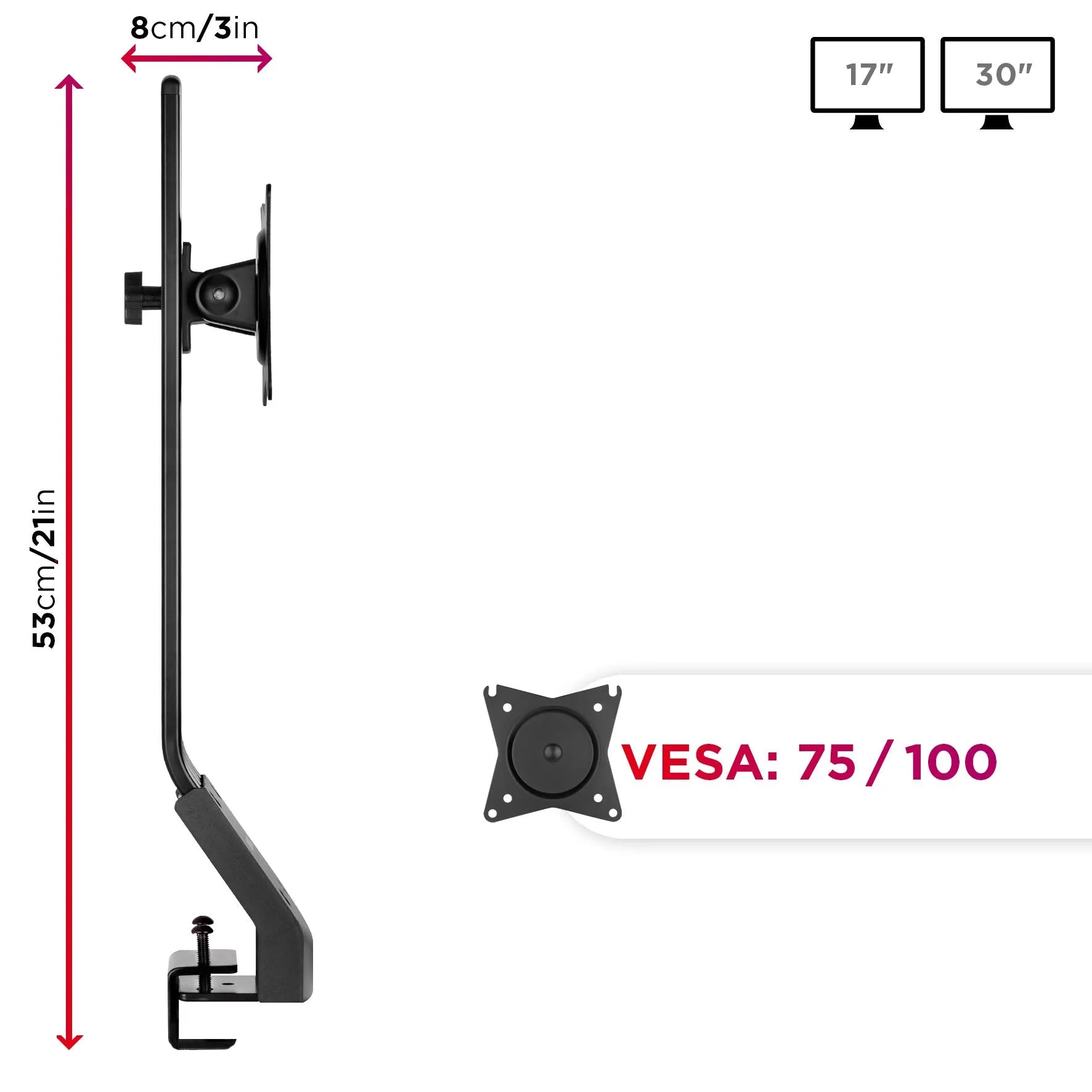 Duronic DM12X1 Monitor Arm Stand, Low Profile, 17 - 30 inch Single LCD LED Desk Mount Bracket with Tilt and Swivel (Tilt  15°/-15°,Rotate 360°)