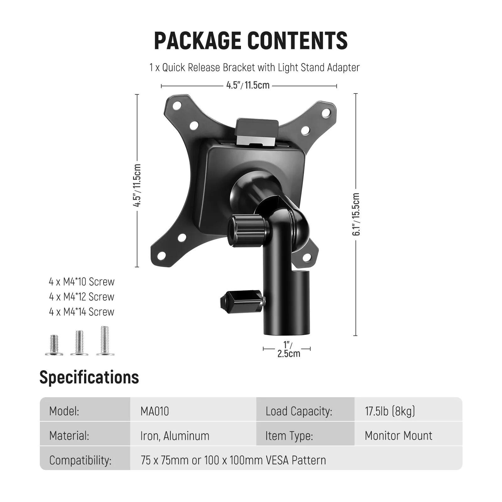 NEEWER MA010 Monitor Mount Adapter with Quick Release VESA Mount