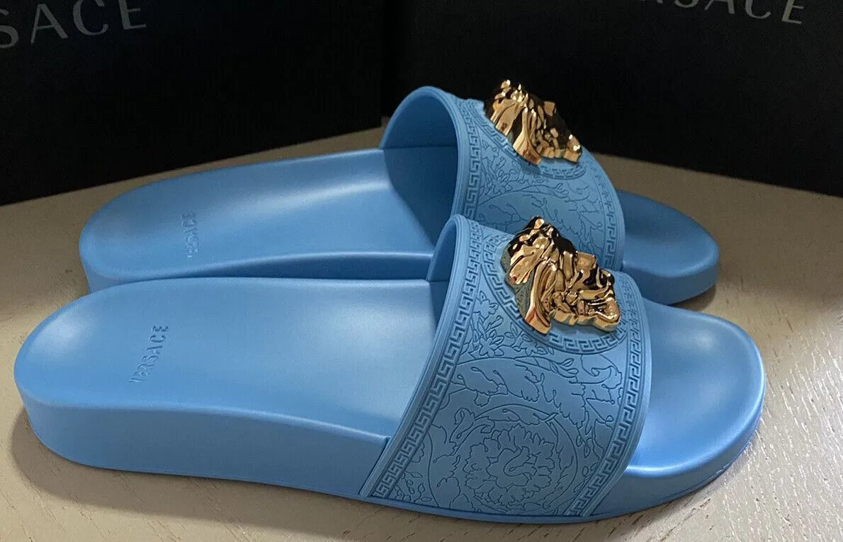 NIB $450 Versace Women Medusa Rubber Pool Slides Sandal Sky Blue 9.5 US/39.5 Eu