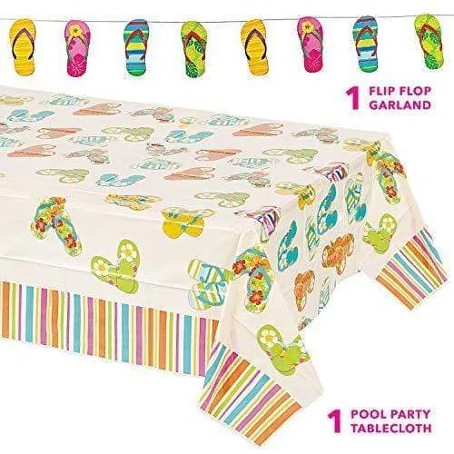 Pool Party Flip Flop Tablecloth & Garland - Table Cover and Hanging Banner for Beach Party, Summer Luau, or BBQ with Flip Flop Design (Set of 2 Decorations)