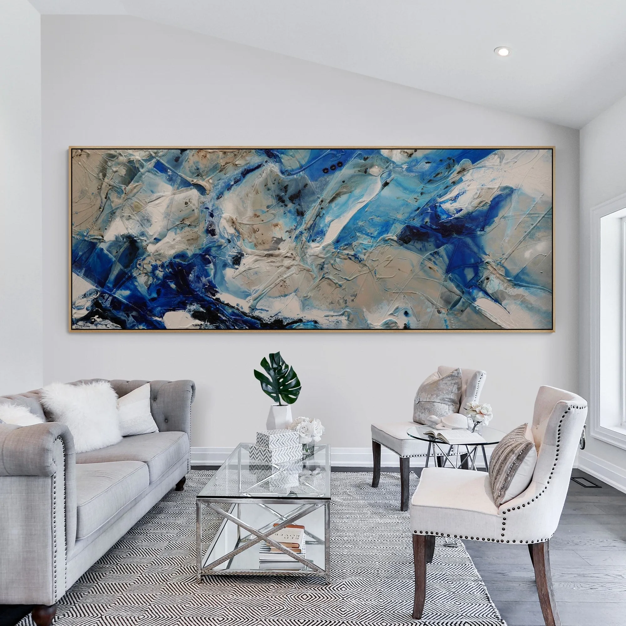 Rocking the Casbah 270cm x 100cm Phalto Mid Blues Honey White Textured Abstract Painting (SOLD)